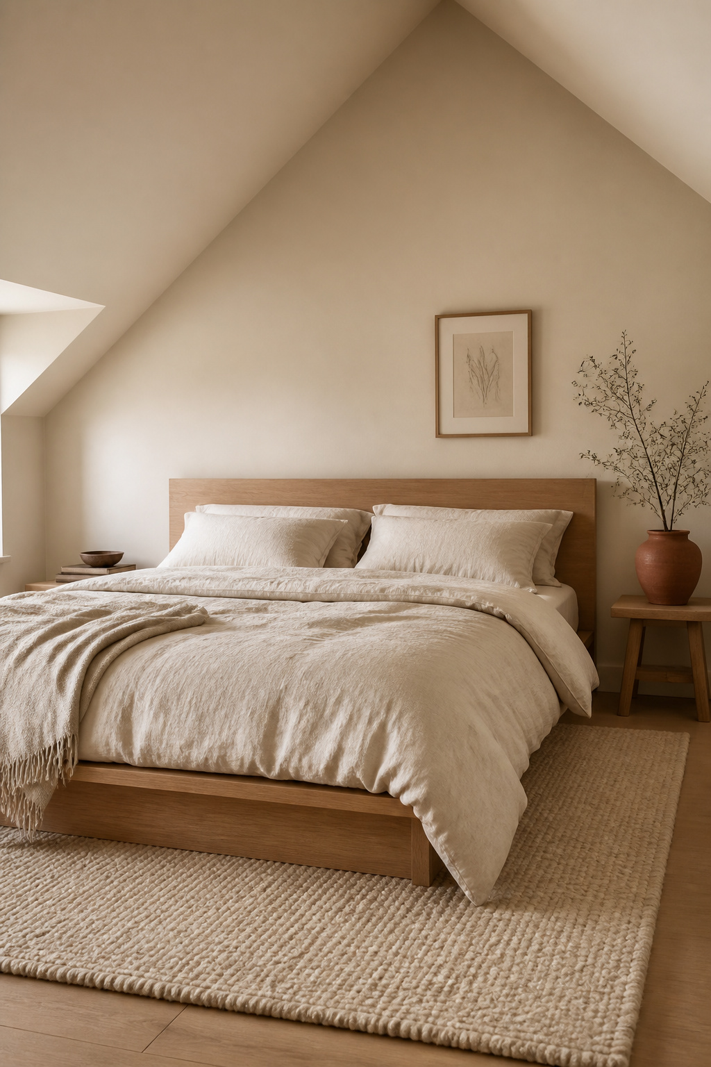 Attic bedroom gable-end wall in warm greige, sloped ceiling in warm white, low oak bed with linen bedding and terracotta ceramic accent
