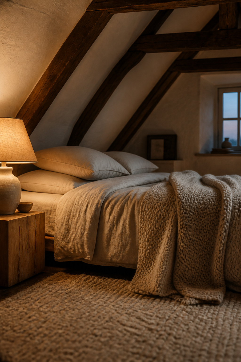 Cozy attic bedroom with exposed dark timber beams, cream linen bedding, chunky wool throw, and warm amber lamp light on white plaster walls