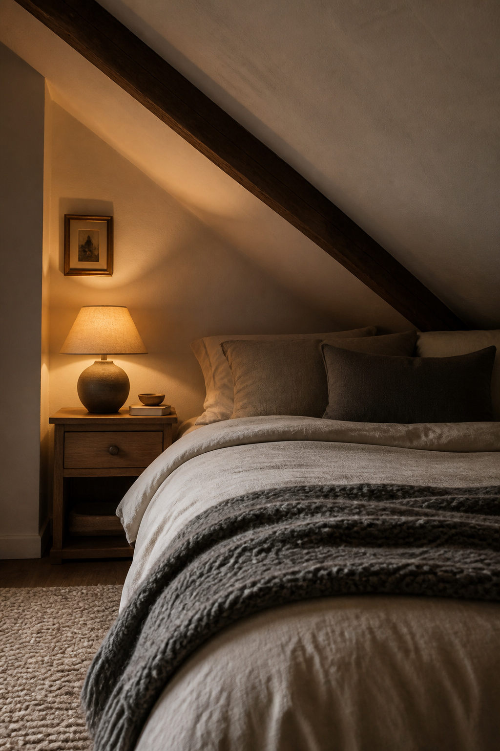 Corner of a cozy attic bedroom with sloped plaster ceiling, dark timber rafter, linen bedding, chunky wool throw, and warm ceramic lamp on oak bedside table