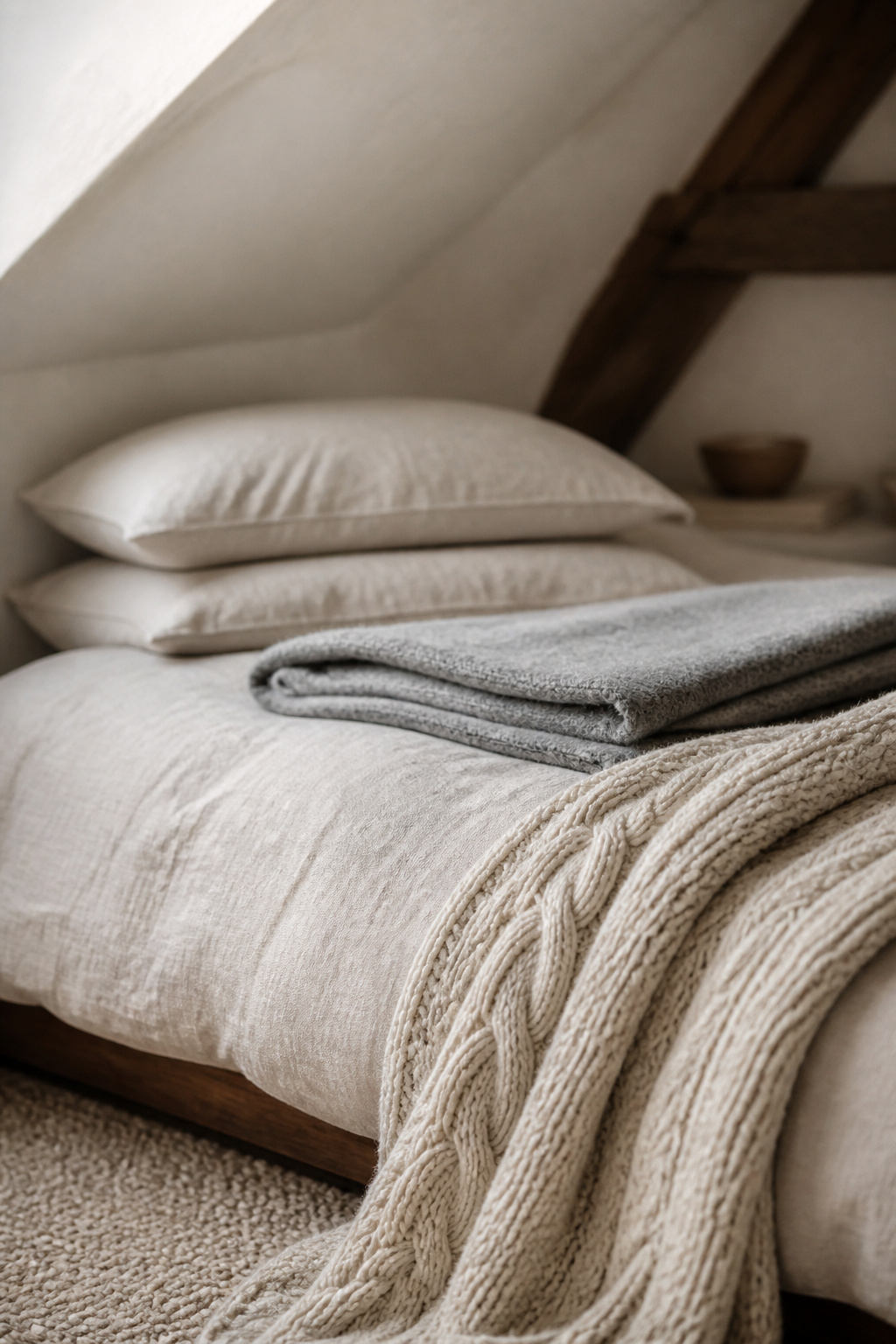 Layered Scandinavian bedroom textiles on a low attic bed — ecru linen duvet, grey wool blanket, and chunky cream knit throw against warm plaster