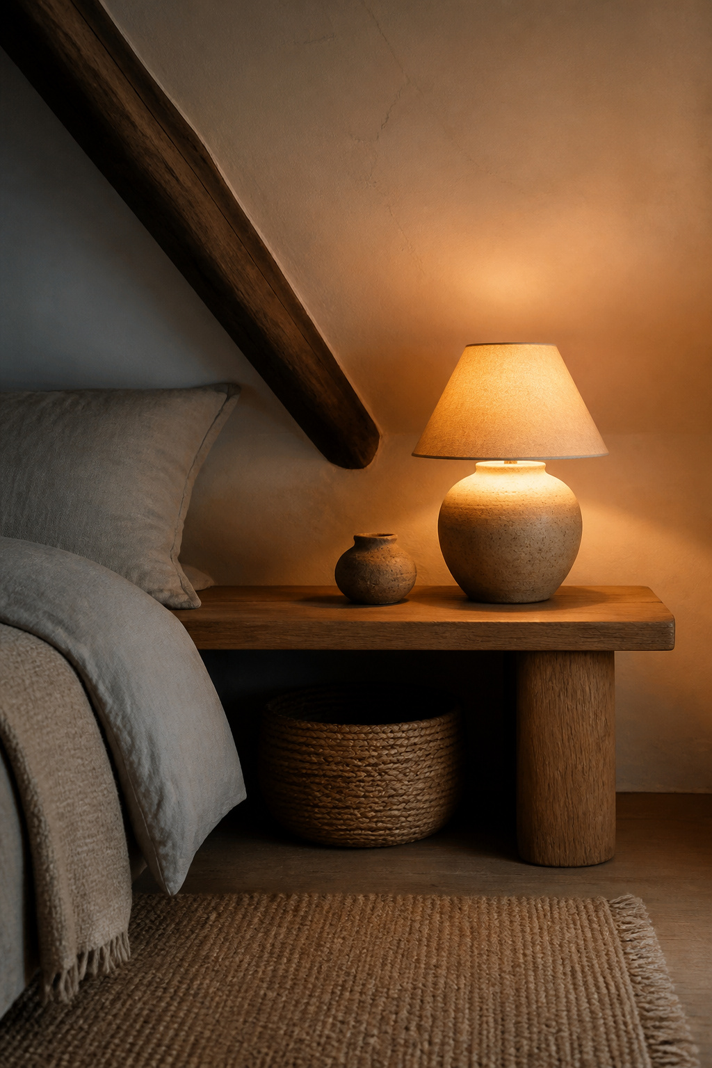 Oak bedside table with hand-thrown ceramic lamp, clay vessel, and seagrass basket in a cozy attic bedroom with warm amber light and timber beam background
