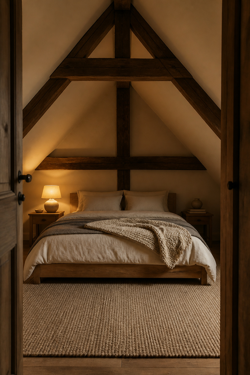 Full cozy attic bedroom view at evening: low oak bed with linen and wool layers under dark exposed beams, warm ceramic lamp, oatmeal wool rug, warm plaster walls