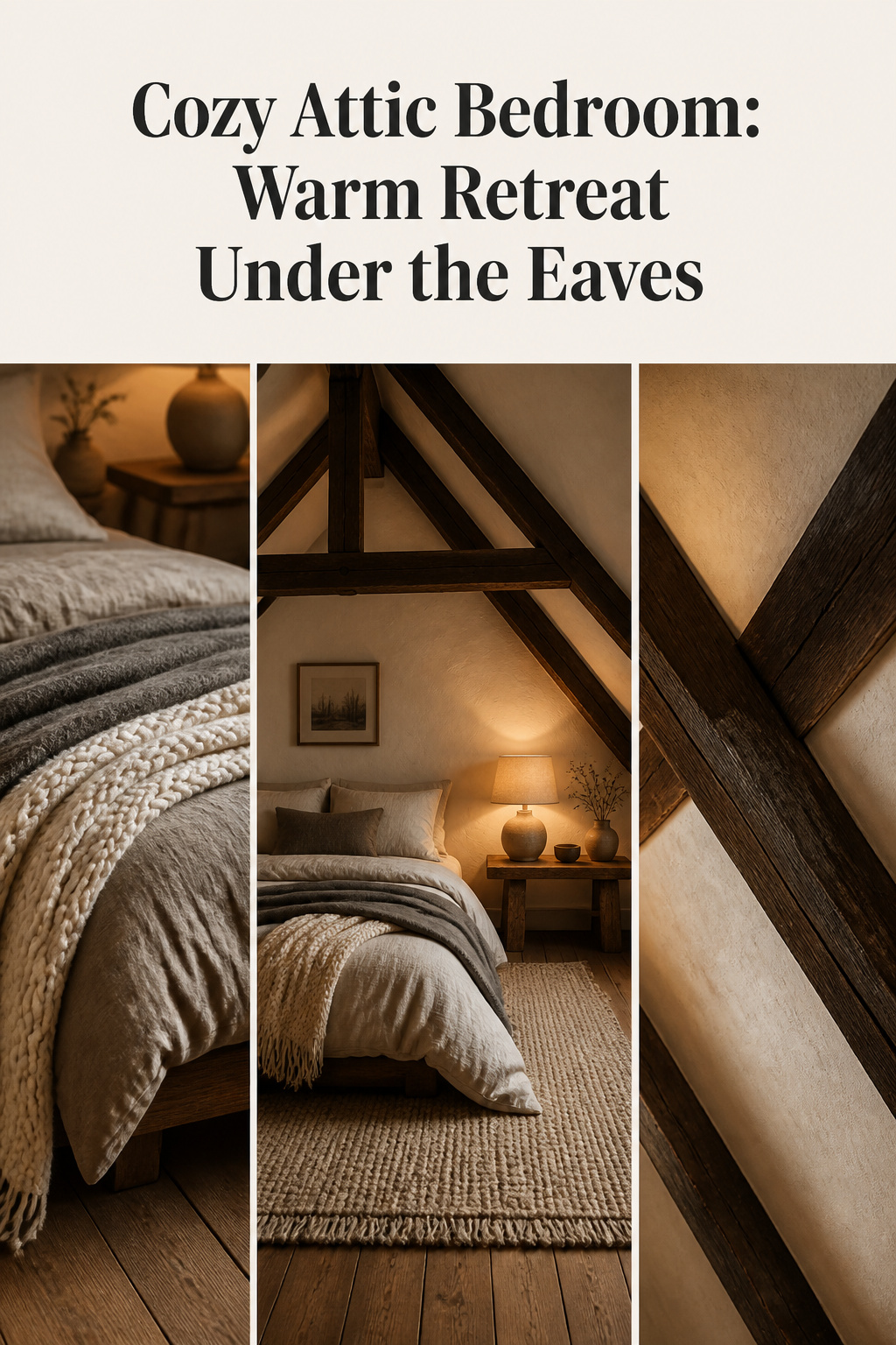 Three-panel Pinterest image showing cozy attic bedroom elements: layered linen and wool textiles, exposed dark beams against warm plaster, and amber lamp detail