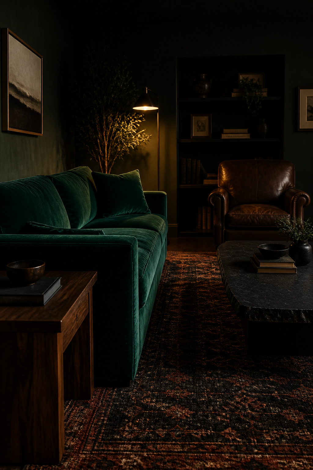 Moody living room layered with emerald velvet sofa, dark walnut wood, wool rug and aged leather — warm textural contrast in charcoal-green room