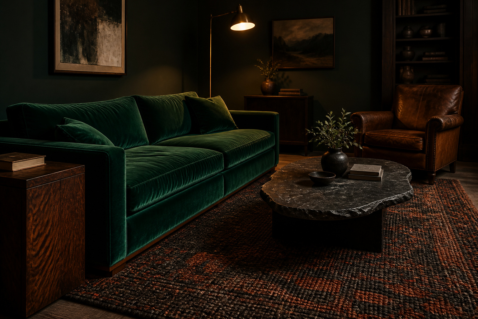 Moody living room layered with emerald velvet sofa, dark walnut wood, wool rug and aged leather — warm textural contrast in charcoal-green room