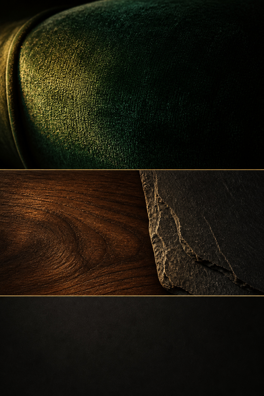 Pinterest collage of moody living room textures — velvet pile sheen, walnut grain and slate stone against dark moody background