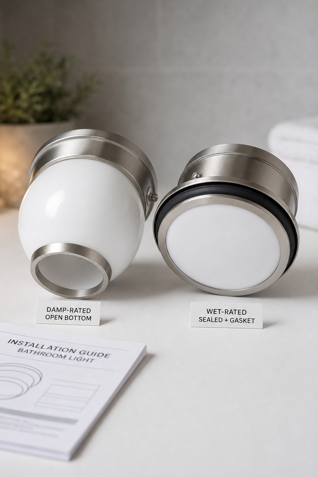 Side-by-side comparison of damp-rated bathroom globe fixture and wet-rated sealed recessed fixture with visible rubber gasket