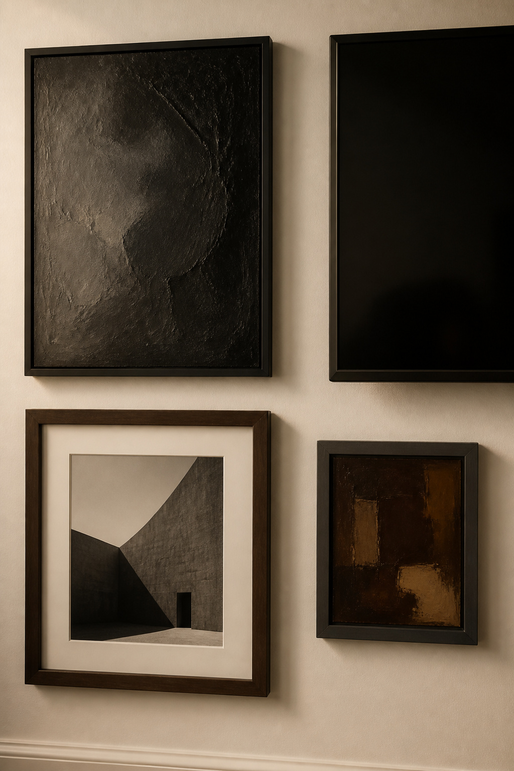 Close-up of dark-toned matte art in black and walnut frames surrounding a TV screen edge, showing tonal continuity between screen and artwork