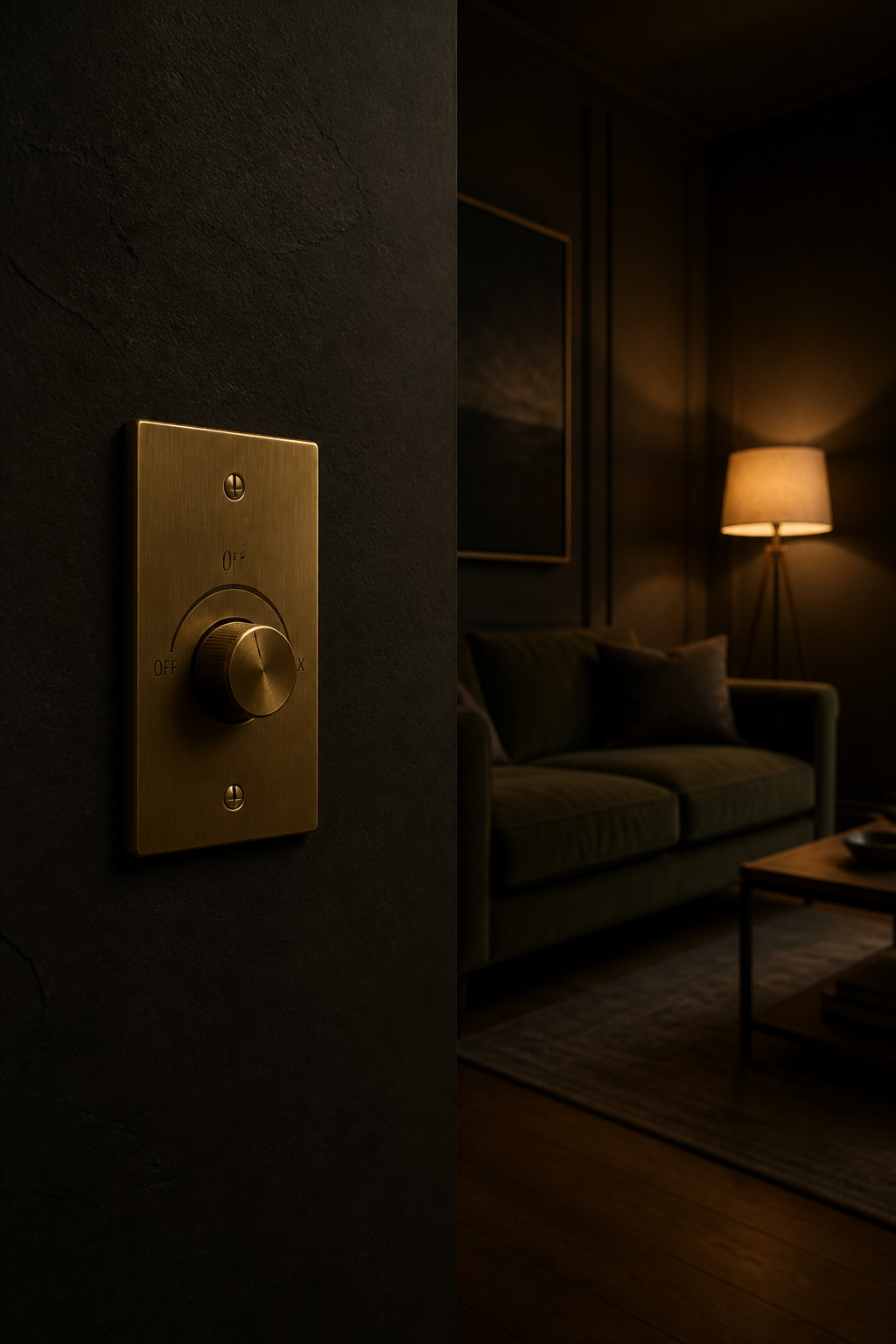 Brass dimmer switch set low with warm moody living room glowing softly in the background at 2700K