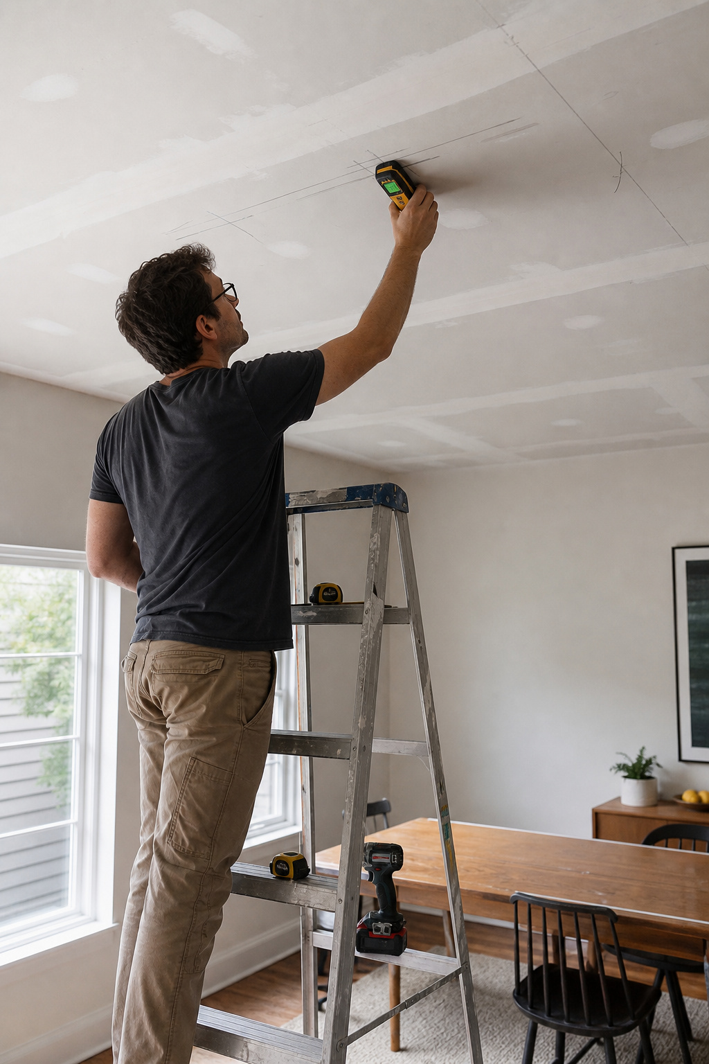 DIYer using stud finder on dining room ceiling with chalk lines marked and cordless drill nearby for ceiling plank preparation