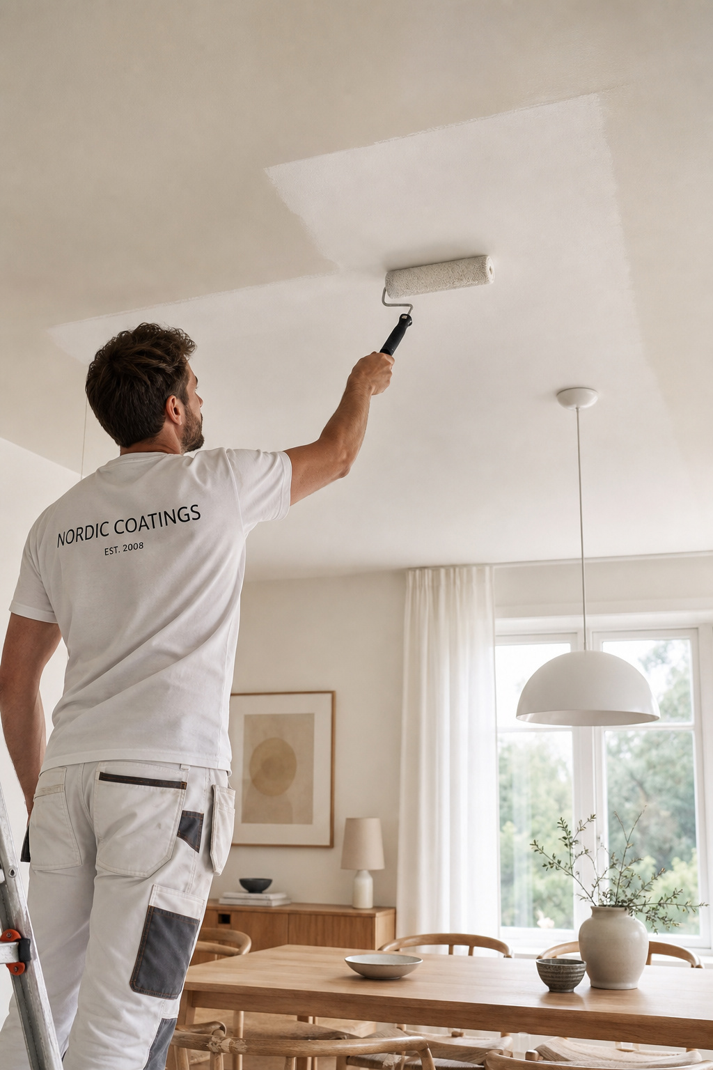 Painter applying flat matte ceiling paint with roller in W-pattern in a dining room