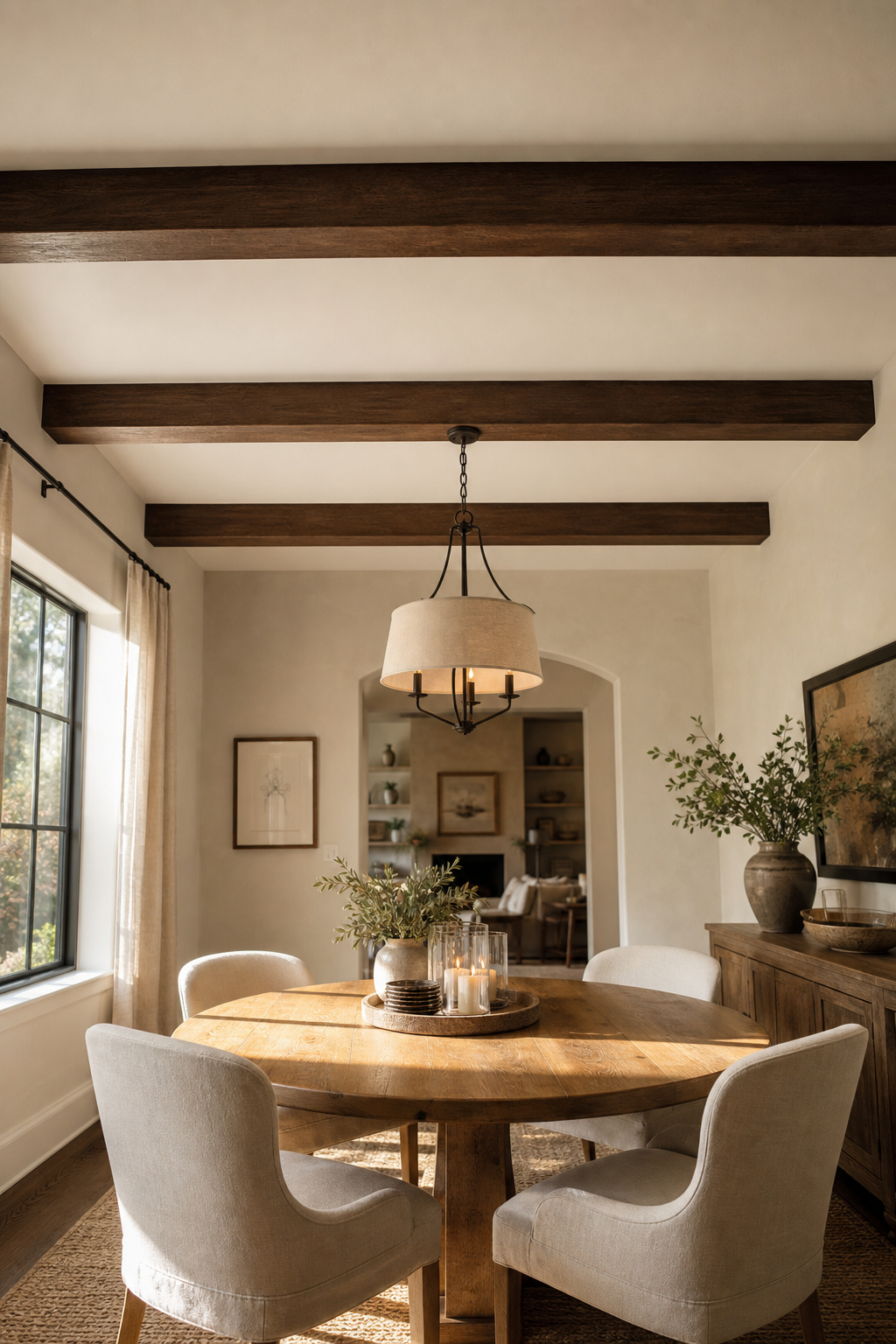 Wide-angle view of a modern farmhouse dining room with three dark-walnut faux box beams spanning the ceiling, round oak table and linen chairs below, large pendant fixture between beams