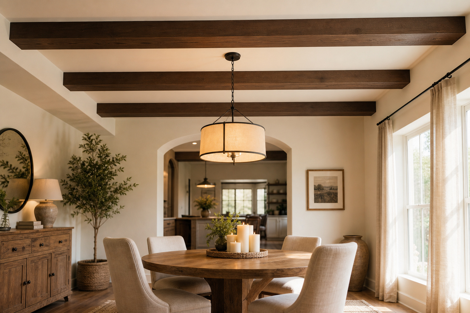 Wide-angle view of a modern farmhouse dining room with three dark-walnut faux box beams spanning the ceiling, round oak table and linen chairs below, large pendant fixture between beams