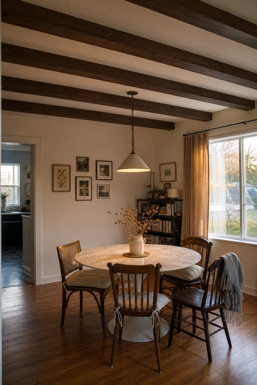 Lived-in dining room with four newly installed dark walnut faux box beams spanning the white ceiling, round marble table and pendant fixture below, warm evening light
