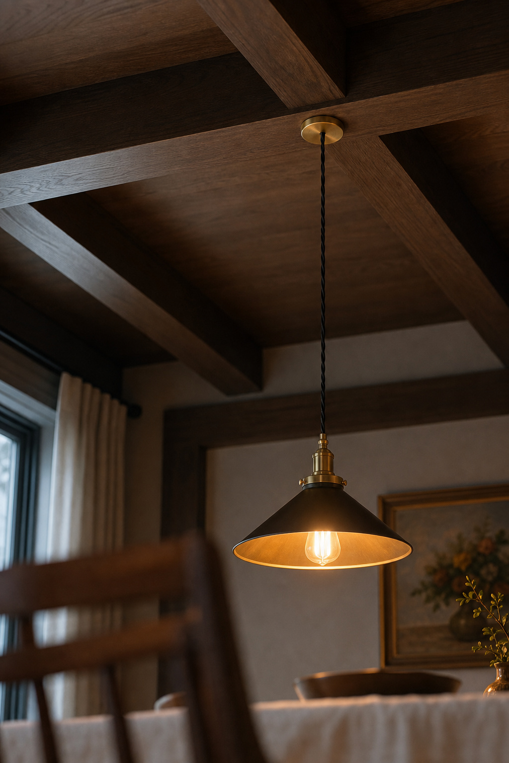 Brushed brass pendant canopy sitting flush against a dark walnut faux box beam, fabric cord descending toward a dining table below, warm tungsten light