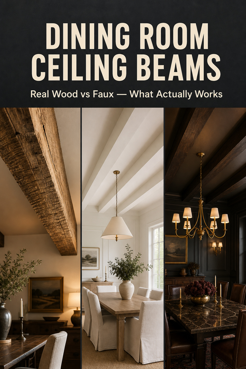 Pinterest pin collage showing three dining room ceiling beam styles: rough-hewn solid timber, white-painted faux box beams, and dark espresso stained faux beams over a formal table
