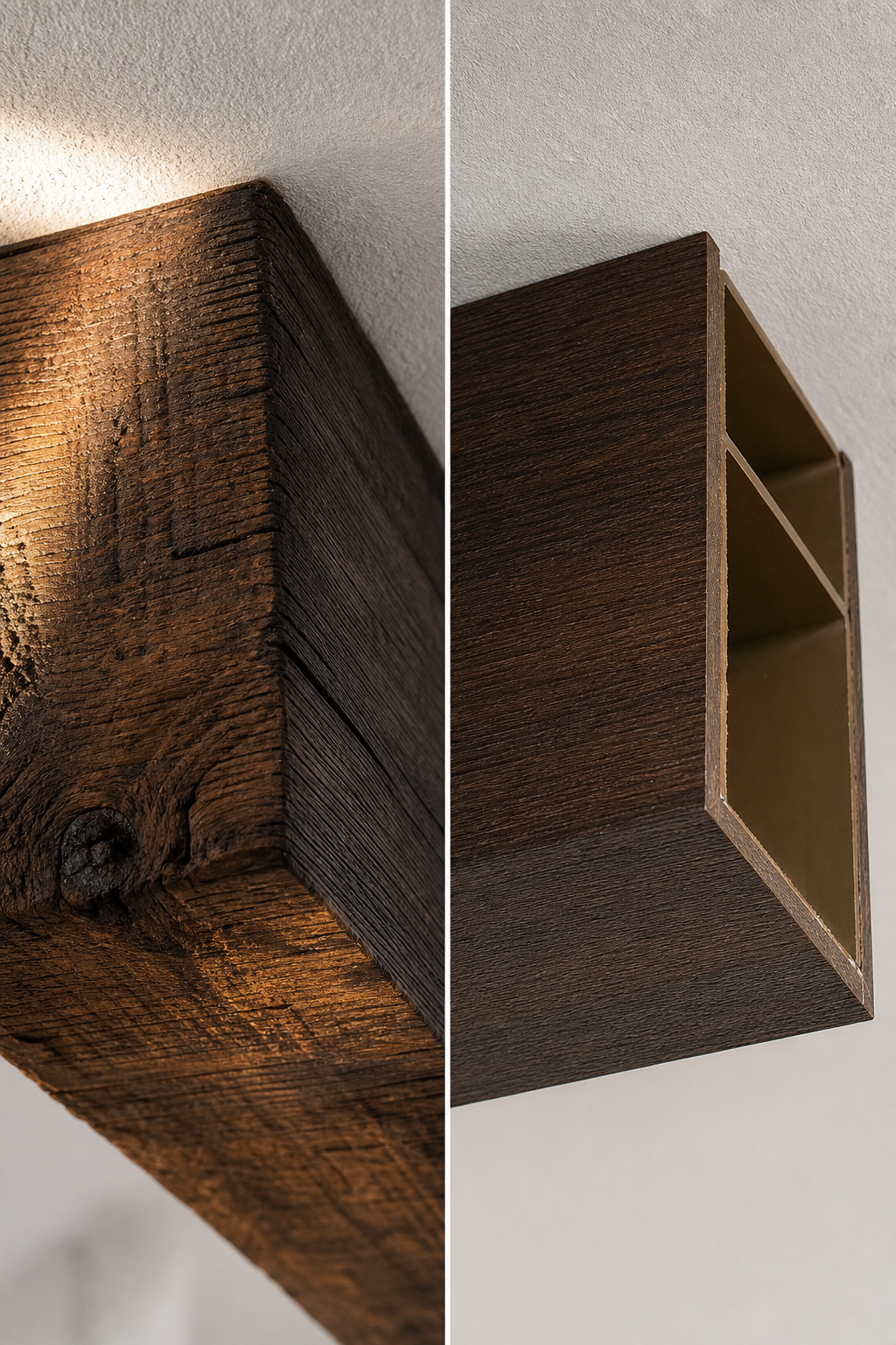 Split close-up comparison of a genuine oak ceiling beam on the left and a polyurethane faux box beam on the right, showing grain texture and cut-end profile differences