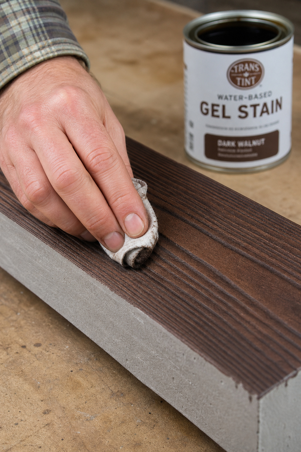 Hand applying dark walnut water-based gel stain to a polyurethane faux ceiling beam with a cotton rag, revealing realistic wood grain in the moulded surface texture
