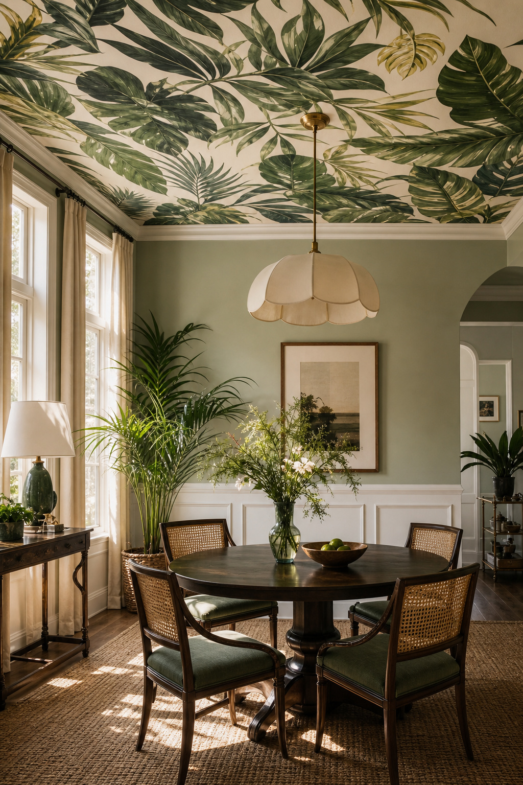 Dining room with botanical leaf wallpaper on ceiling, white wainscoting, and cane dining chairs below