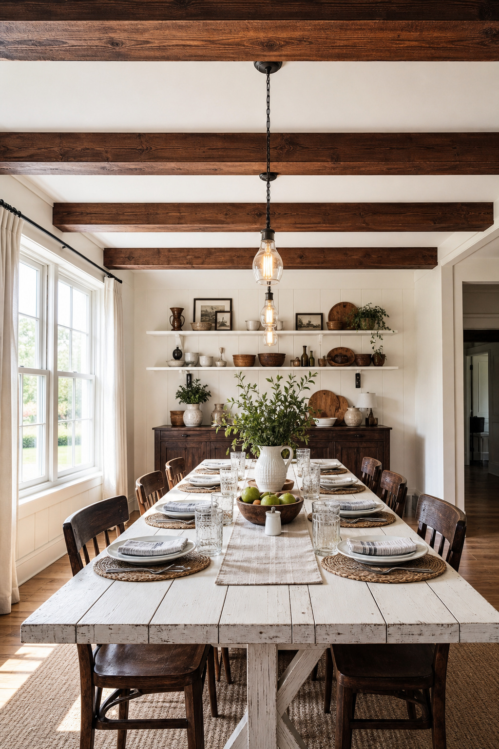Farmhouse dining room ceiling with dark walnut faux box beams over a white plank dining table