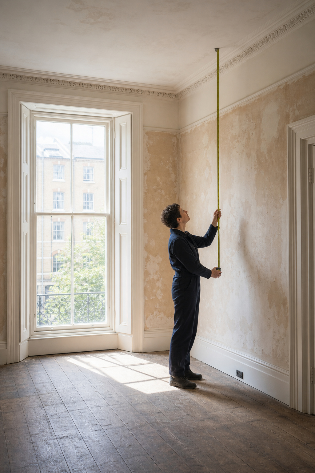 Professional measuring dining room ceiling height before selecting a ceiling treatment