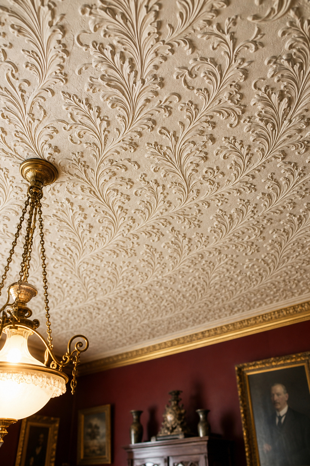 Close-up view upward at a cream raised-relief ceiling paper with acanthus leaf motif in a period dining room with burgundy walls below the picture rail