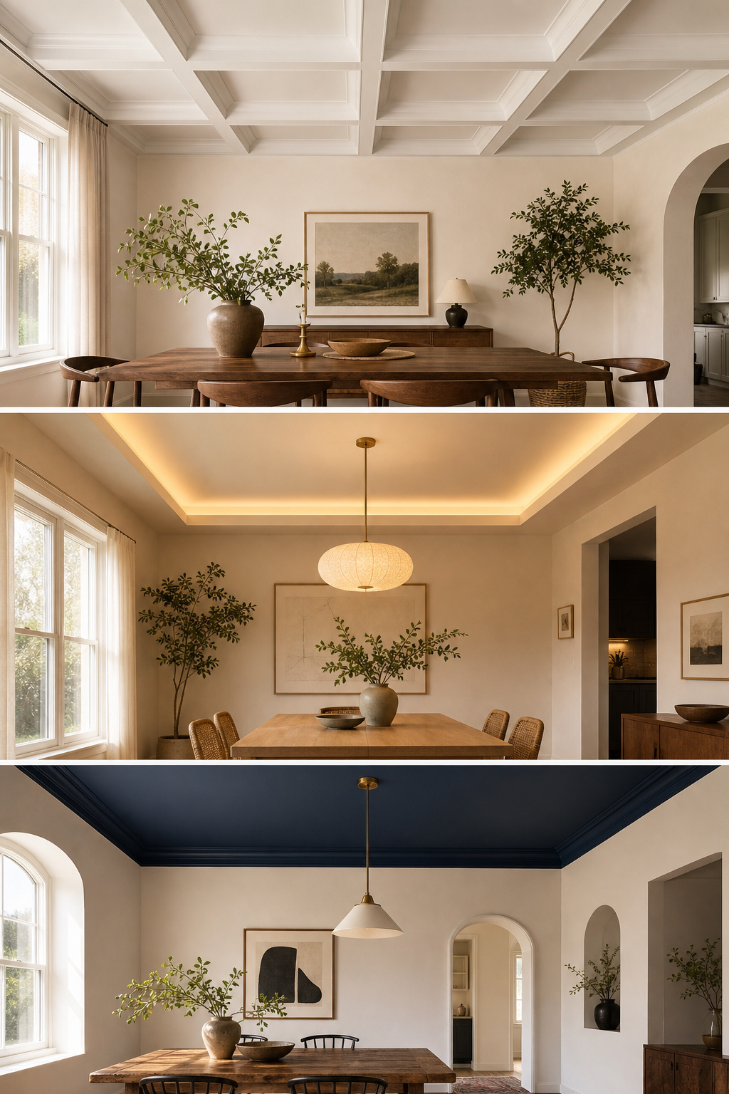 Three dining room ceiling treatment comparisons: coffered grid, LED-lit tray ceiling, and dark painted fifth wall