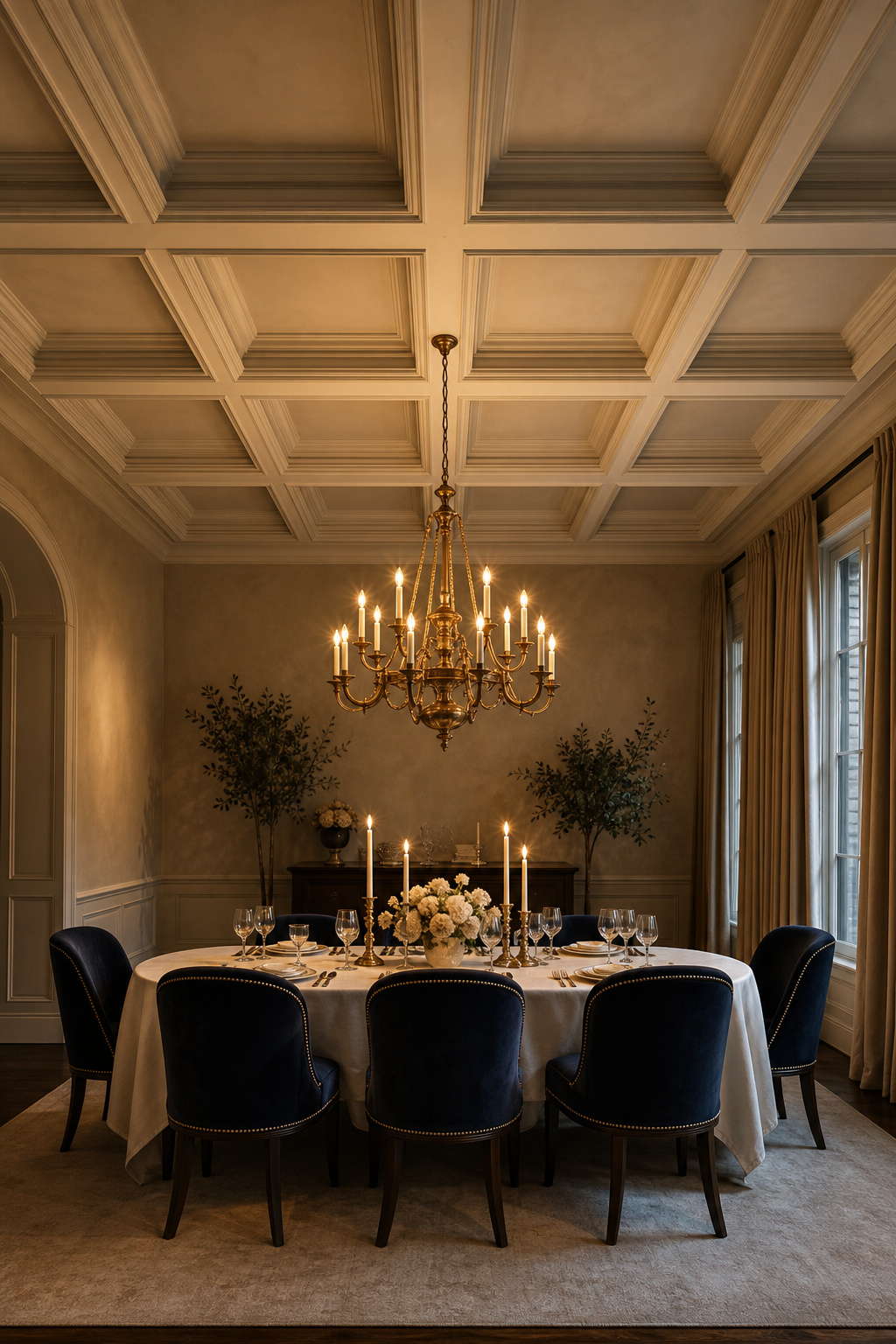 Dining room with white coffered ceiling, brass chandelier centred over a velvet-chaired dining table