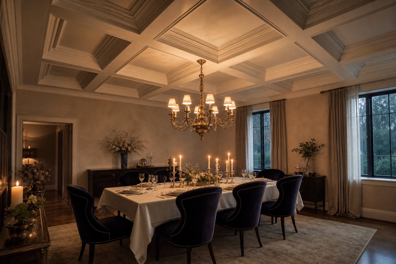 Dining room with white coffered ceiling, brass chandelier centred over a velvet-chaired dining table