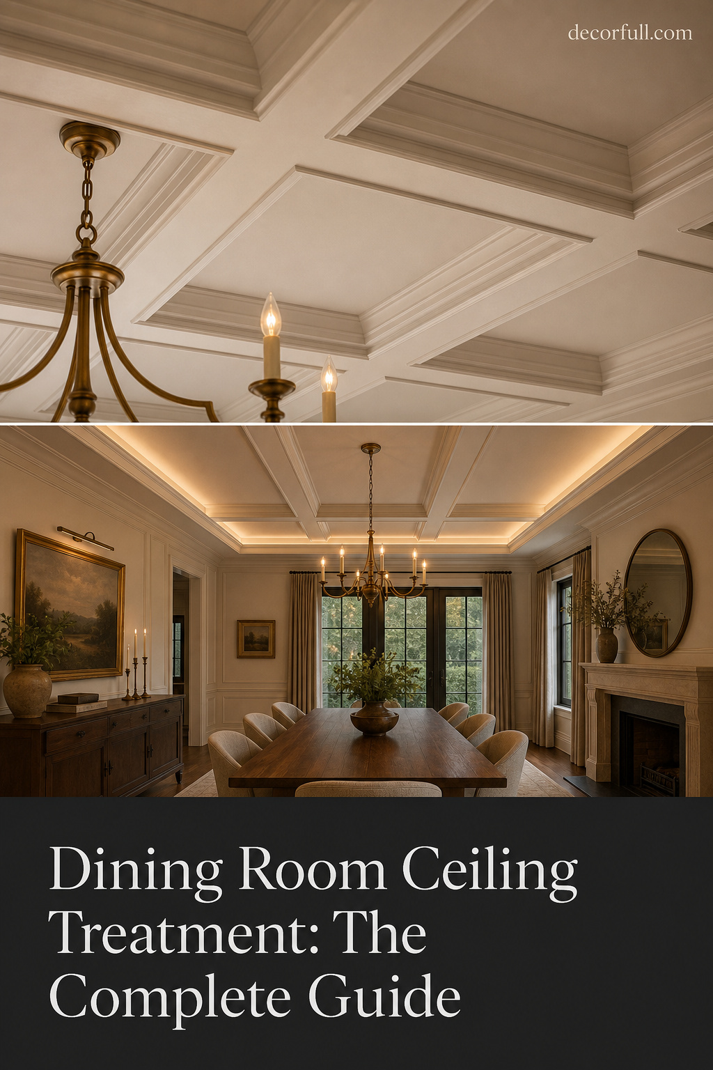 Pinterest collage: dining room ceiling treatment ideas including coffered ceiling and tray ceiling with cove lighting