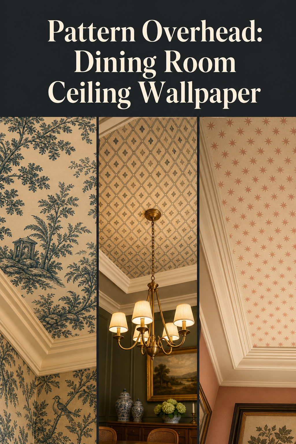 Three-panel Pinterest collage showing dining room ceiling wallpaper ideas including tray recess botanical paper, geometric ceiling trellis and a picture-frame moulding panel with star print