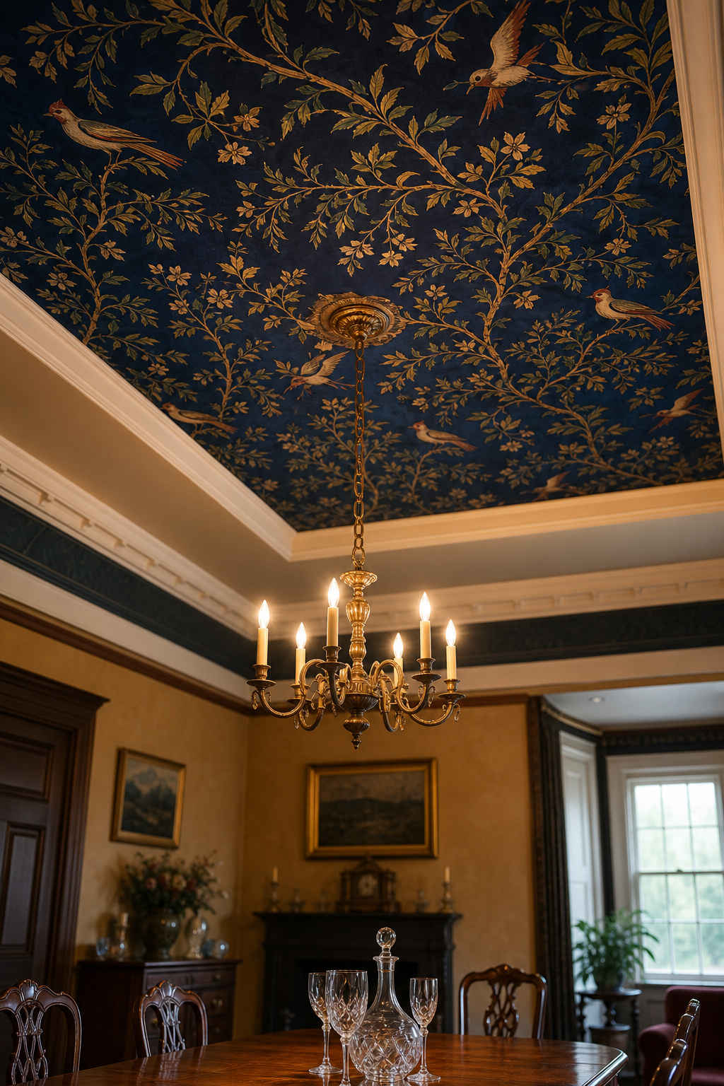 Formal dining room with a tray ceiling recess papered in a deep botanical wallpaper featuring navy vines and birds, viewed from below with an oak table and brass chandelier
