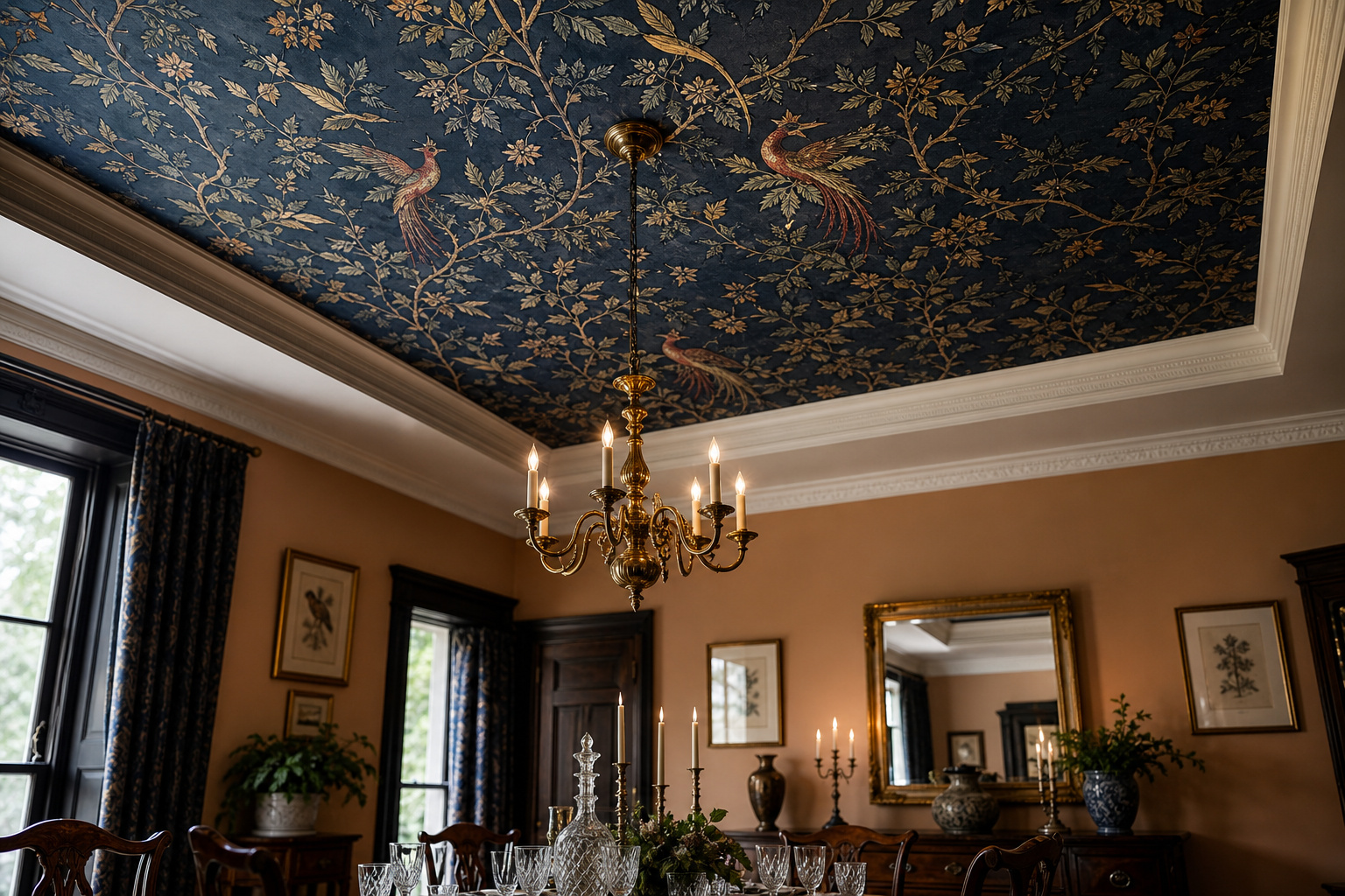 Formal dining room with a tray ceiling recess papered in a deep botanical wallpaper featuring navy vines and birds, viewed from below with an oak table and brass chandelier