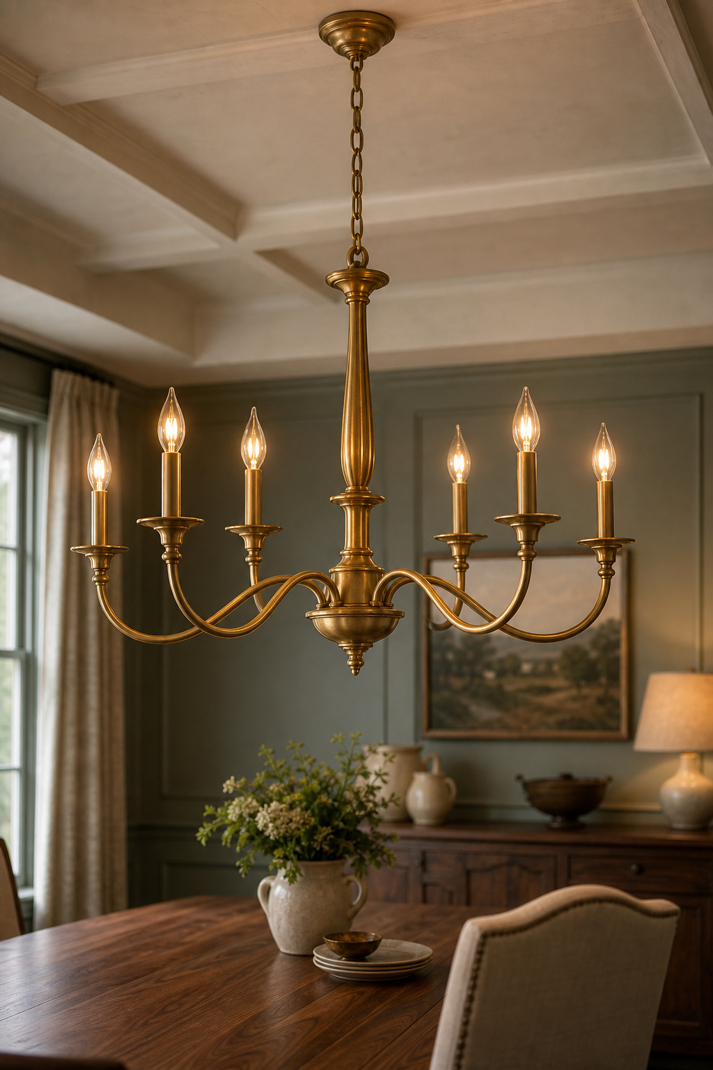 Warm brass chandelier hanging 32 inches above a walnut dining table in a dining room with a tray ceiling