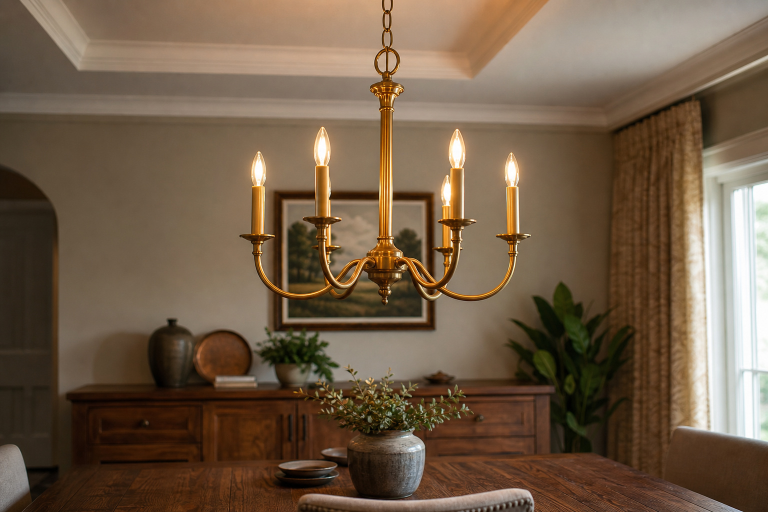 Warm brass chandelier hanging 32 inches above a walnut dining table in a dining room with a tray ceiling