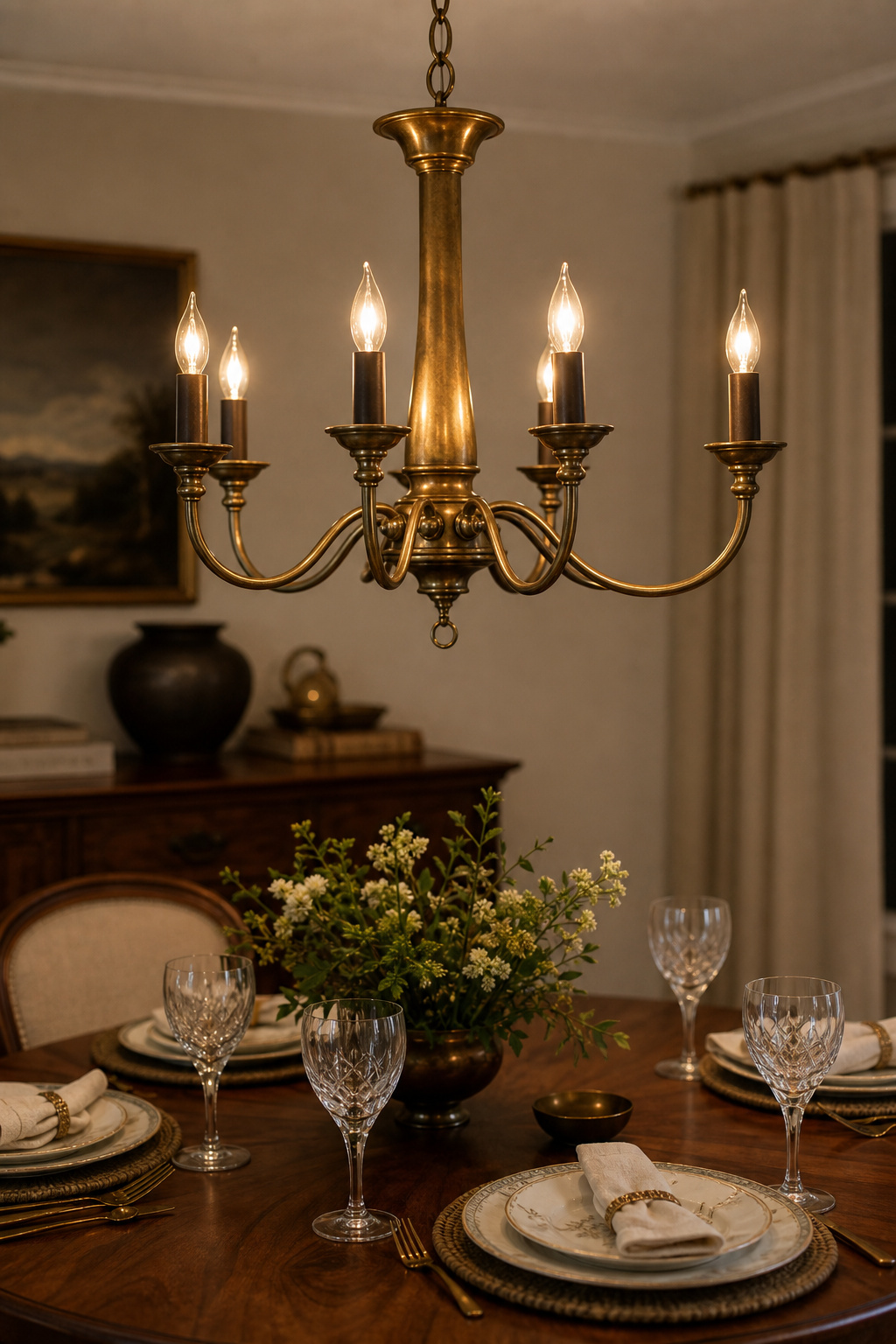 Aged brass chandelier hanging at the correct 30-36 inch height above a walnut dining table with place settings