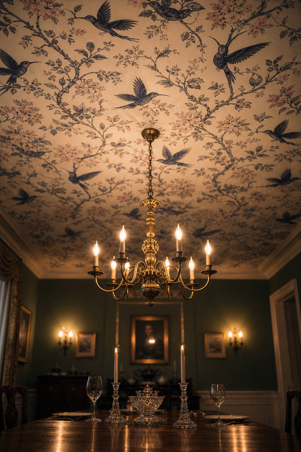 View along a candlelit dining table looking up at an overhead ceiling papered in a Cole and Son Hummingbirds botanical print in navy and blush, lit by a central brass chandelier
