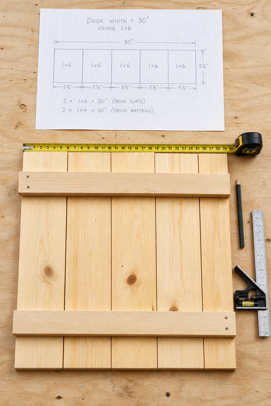 Overhead view of a DIY barn door cut list on graph paper beside the actual pine planks laid out to match, with a tape measure showing 30-inch door width
