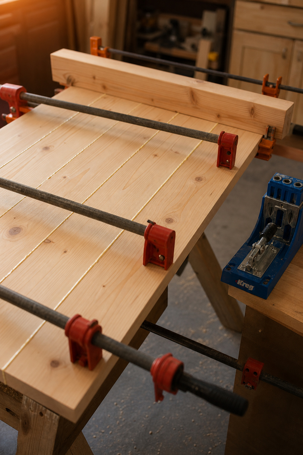 Pine barn door panel in a glue-up with alternating bar clamps above and below the boards and a 2x4 caul clamped perpendicular to keep the panel flat