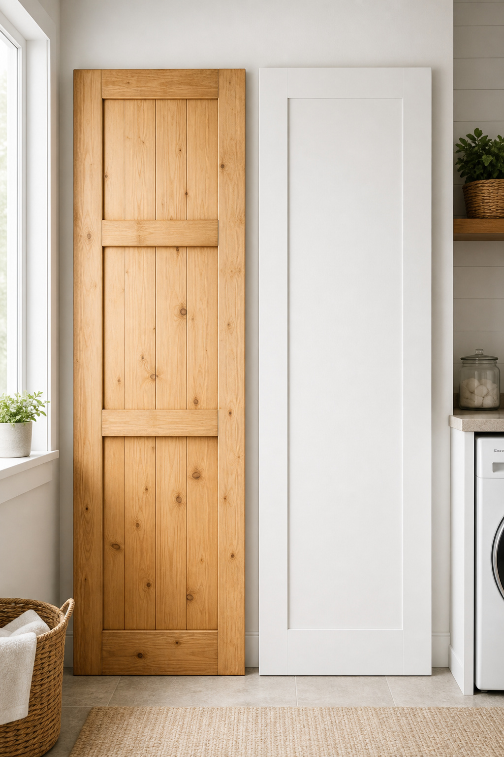 Two DIY barn door designs side by side: plank-and-batten in natural pine on the left, Shaker panel in white on the right