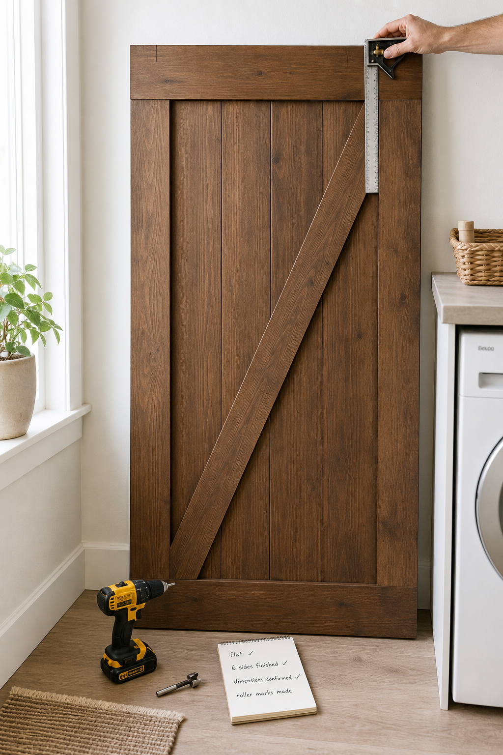 Finished walnut-stained barn door slab against a laundry room wall with a combination square marking roller bracket positions at the top edge, and a pre-hang checklist visible at the base