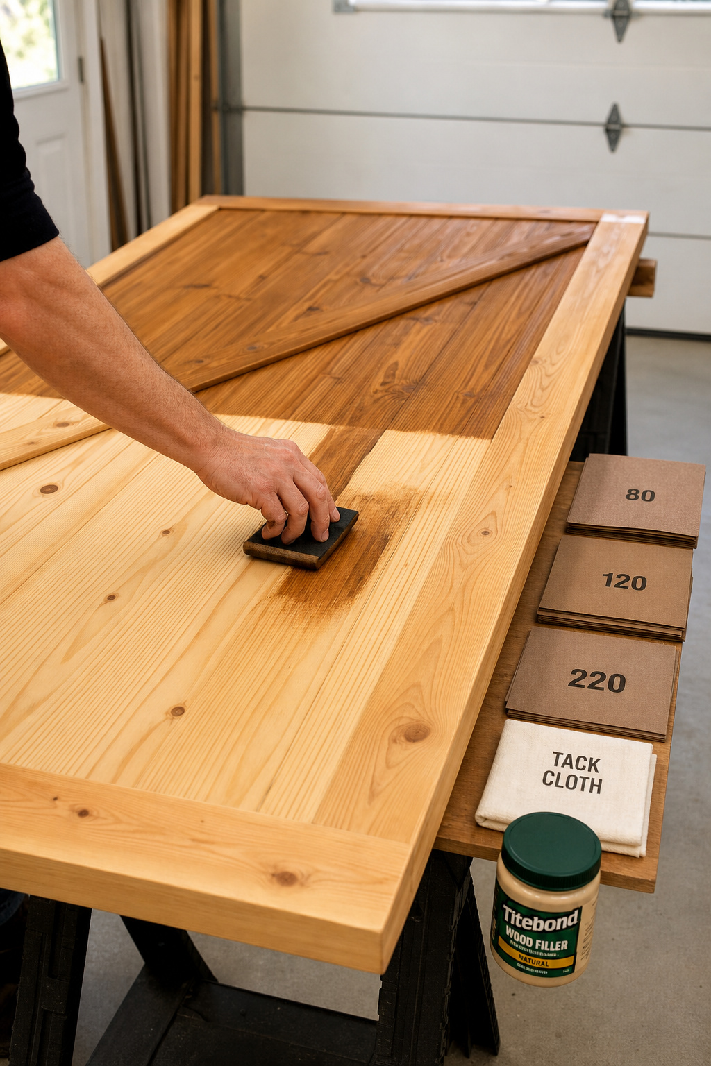 Applying gel stain to a sanded pine barn door slab on sawhorses, with sanding grits and tack cloth visible beside the door