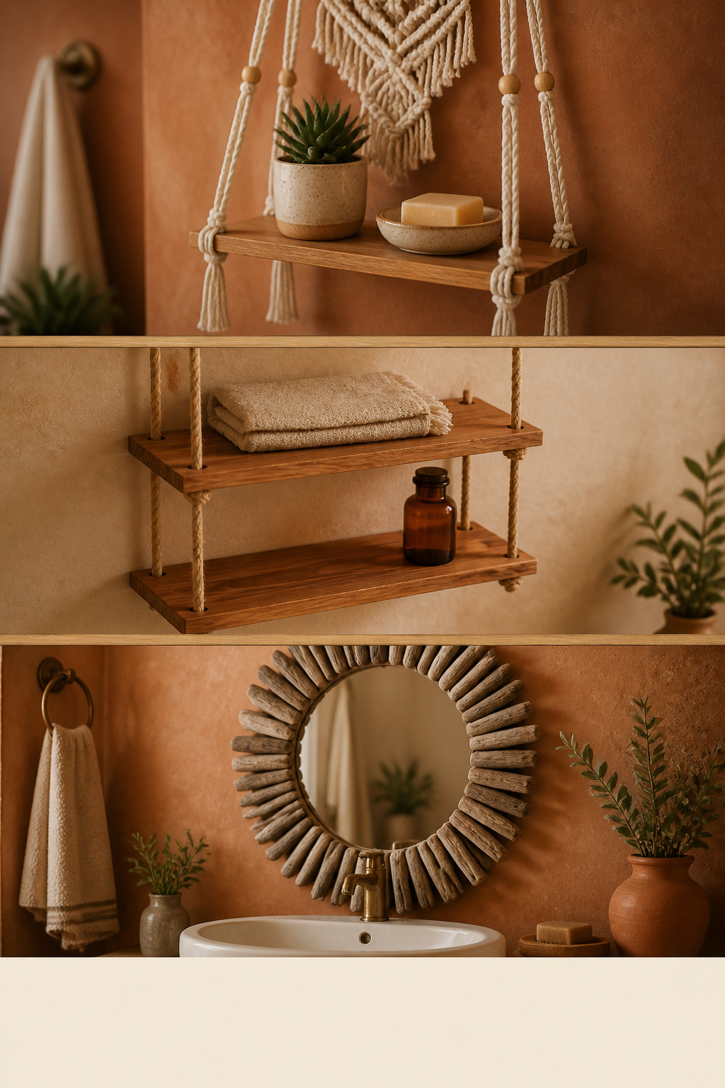 Pinterest collage showing three DIY boho bathroom projects: macrame shelf, rope and wood shelf, and driftwood mirror frame