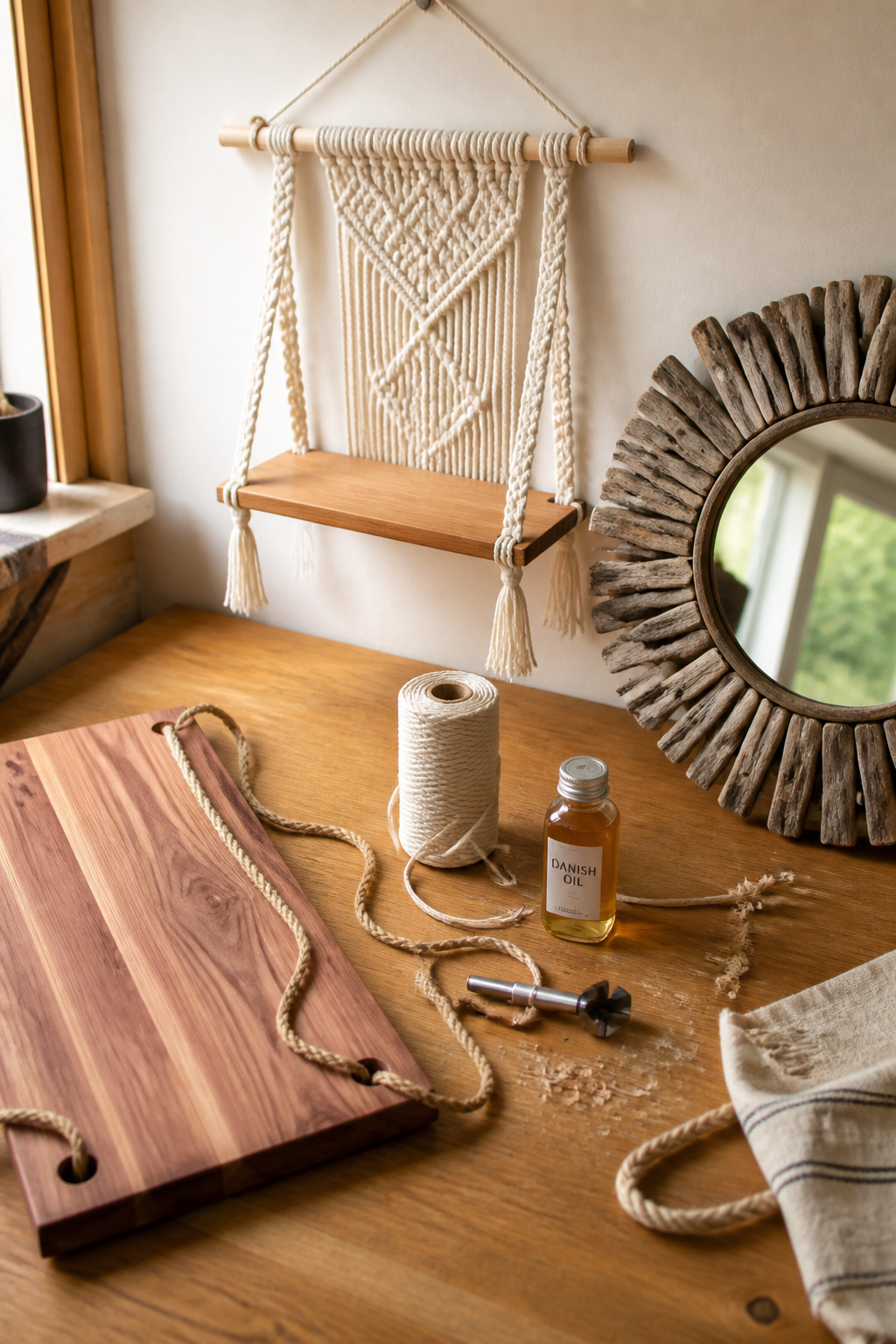 Three DIY boho bathroom decor projects — macrame shelf, wood-and-rope shelf, and hand-framed mirror — laid out on a workbench with tools and cord