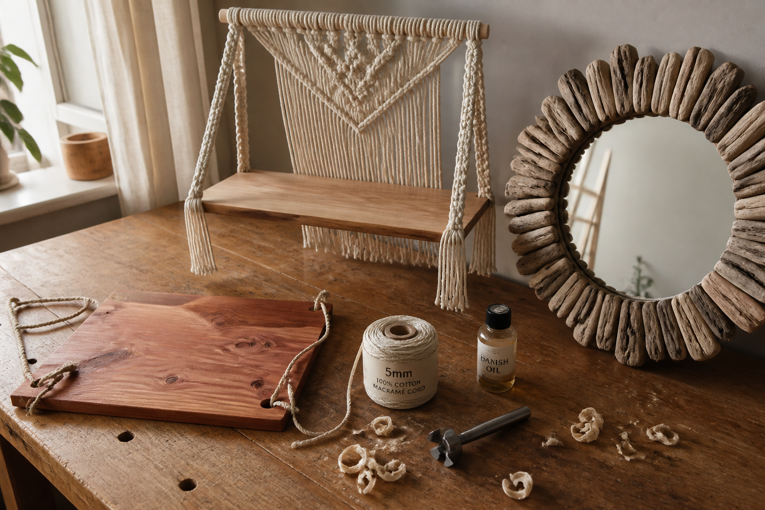 Three DIY boho bathroom decor projects — macrame shelf, wood-and-rope shelf, and hand-framed mirror — laid out on a workbench with tools and cord