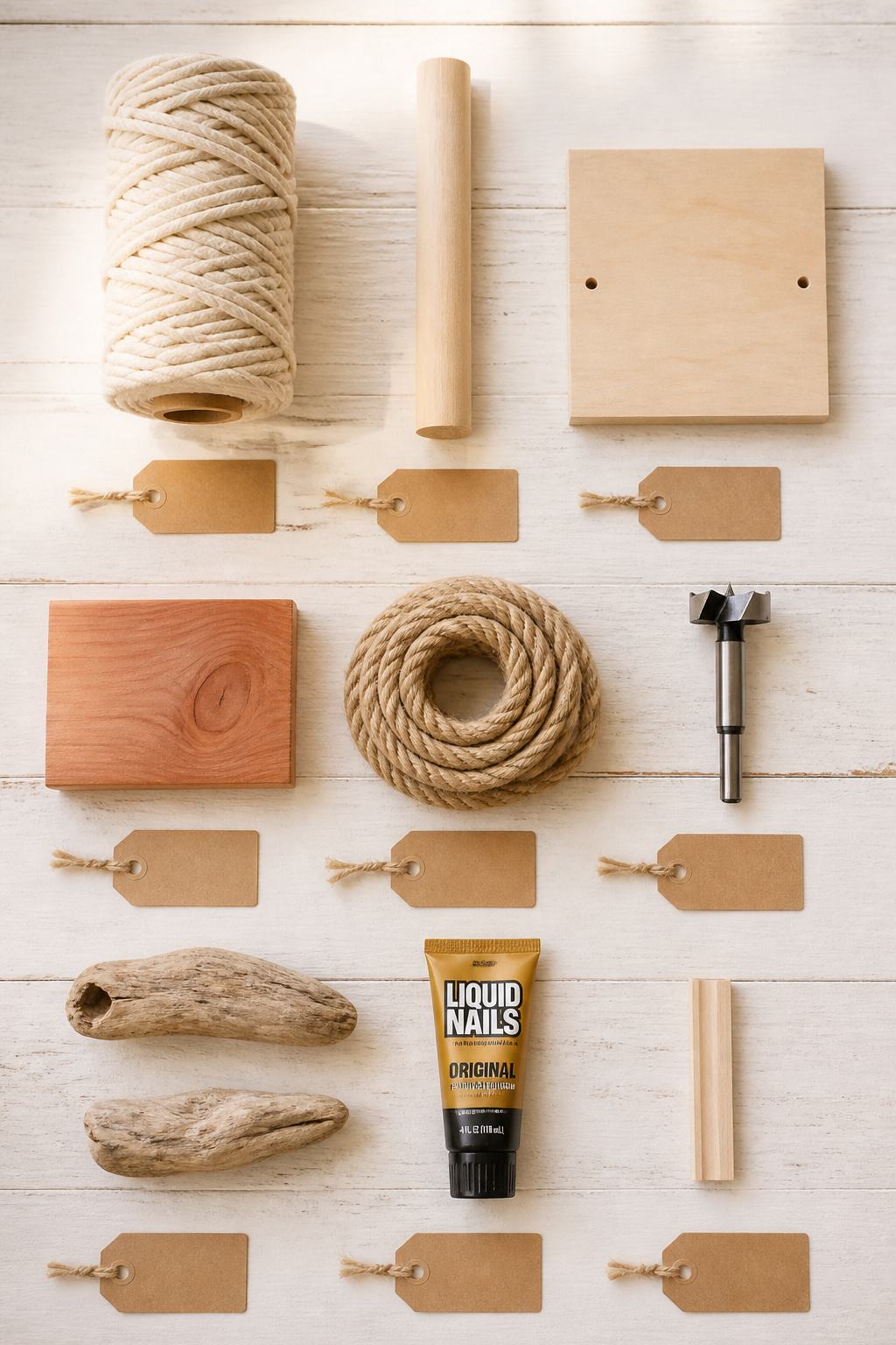 Materials for three DIY boho bathroom projects arranged in rows: macrame shelf components, rope shelf components, and mirror frame components