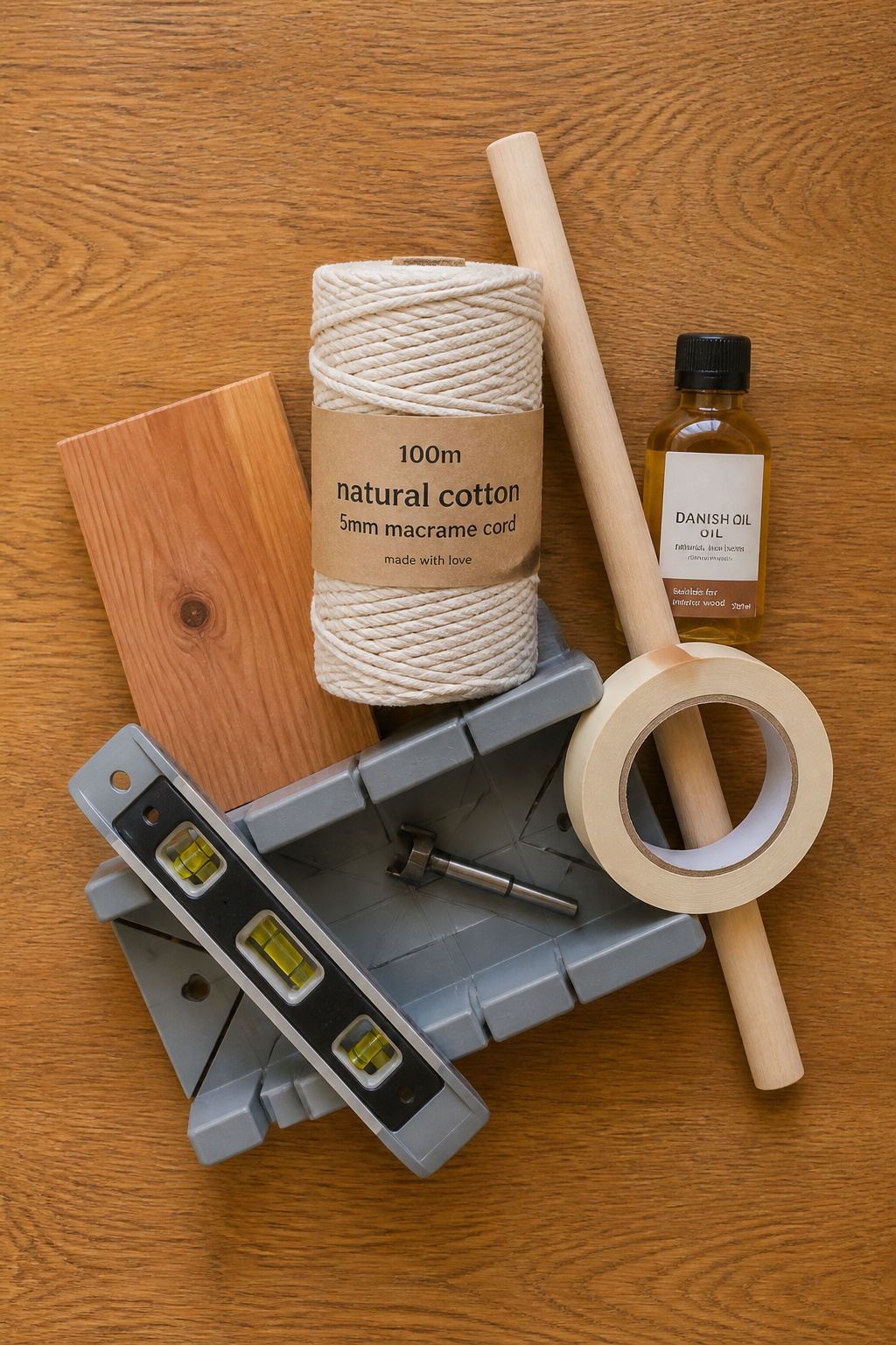 Flat-lay of DIY boho bathroom shelf tools: macrame cord spool, birch dowel, Forstner bit, torpedo level, miter box, Danish oil, and cedar board