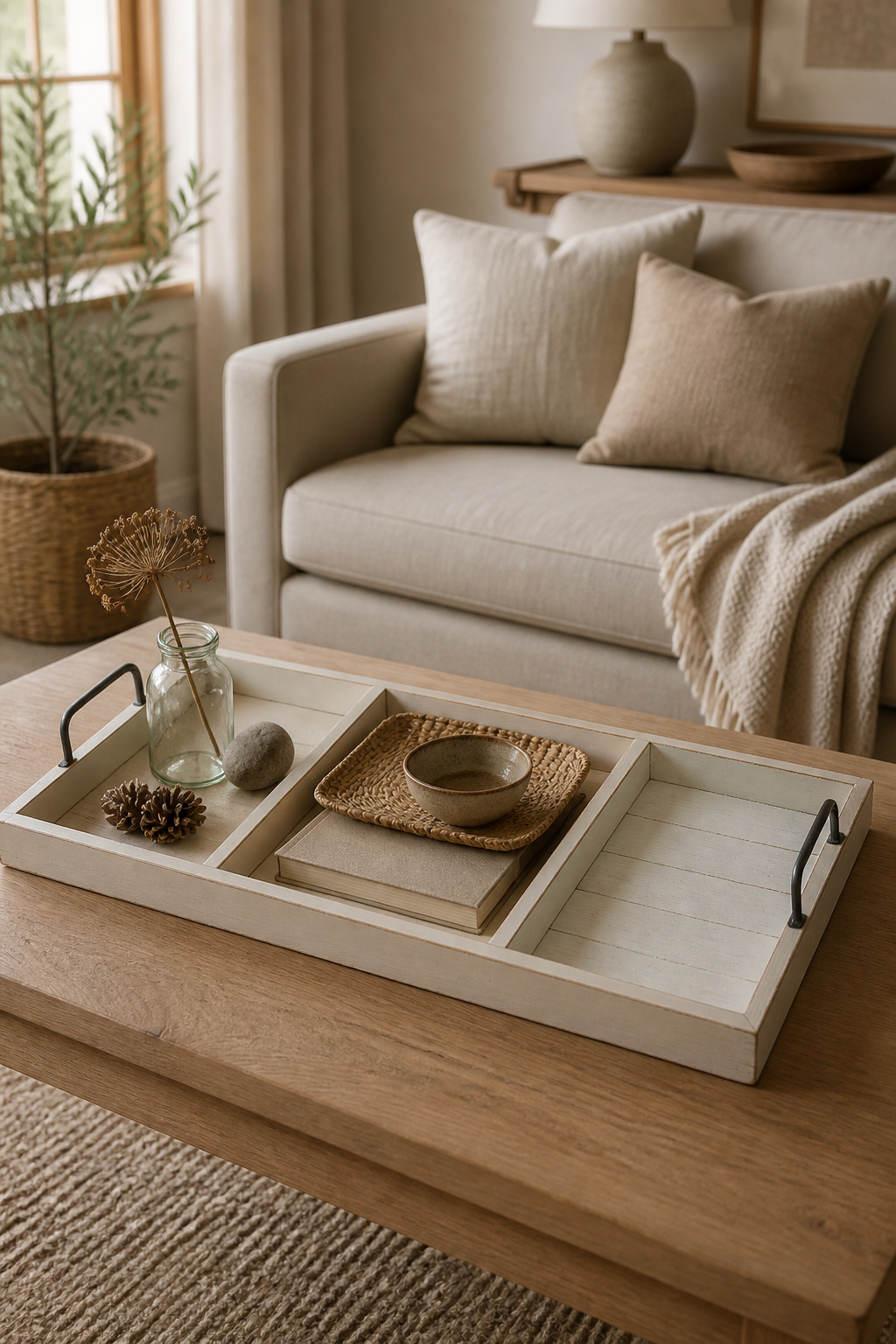 Three budget tiers for DIY coffee table decor side by side: foraged zero-cost objects, thrifted pieces, and a completed DIY pine tray