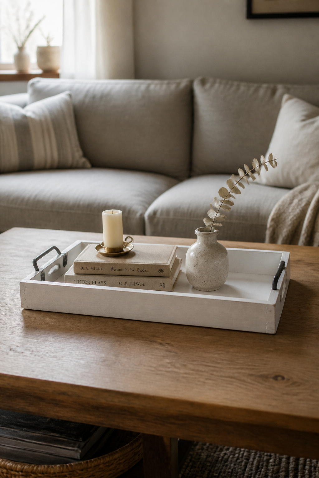 A chalk-painted pine wood tray on an oak coffee table styled with a thrifted ceramic vase, cream pillar candle, and stacked books for budget DIY coffee table decor