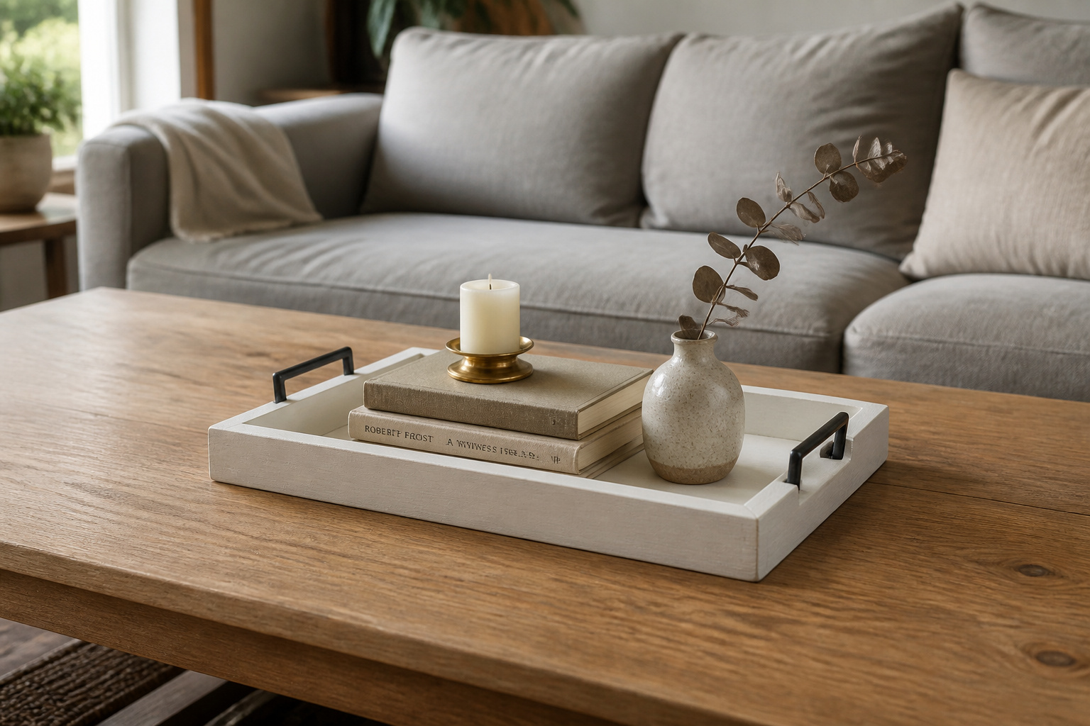 A chalk-painted pine wood tray on an oak coffee table styled with a thrifted ceramic vase, cream pillar candle, and stacked books for budget DIY coffee table decor
